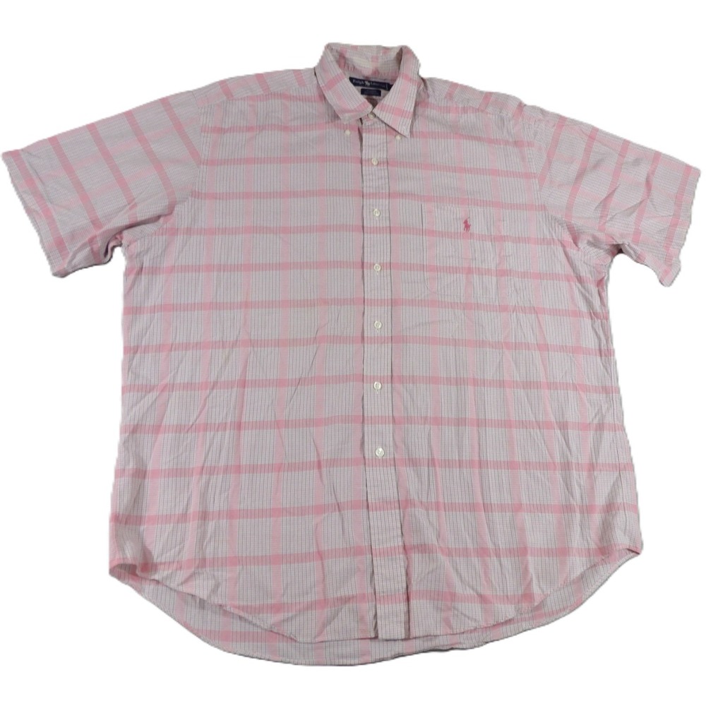 Ralph Lauren Shirt Men XL Pink Plaid Check Tilden Short Sleeve Cotton Button Up